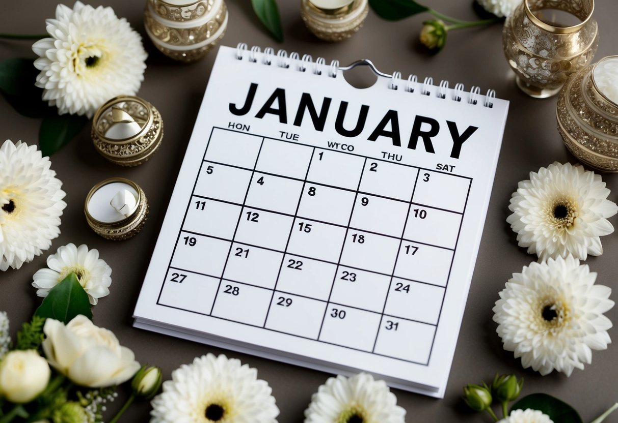 A calendar with the month of January highlighted, surrounded by budget-friendly wedding decor and flowers