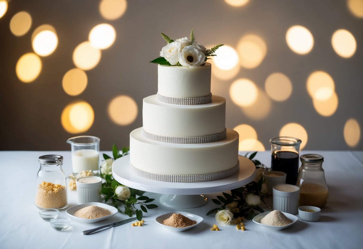 A wedding cake surrounded by various cost-influencing factors such as size, design, and ingredients