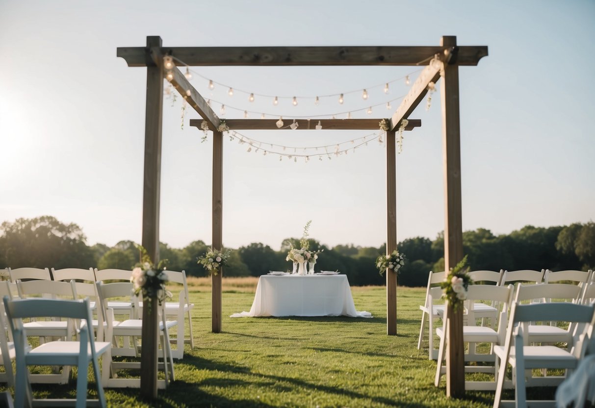 A simple wedding scene with minimal decorations, set in a serene outdoor location during a clear, sunny day