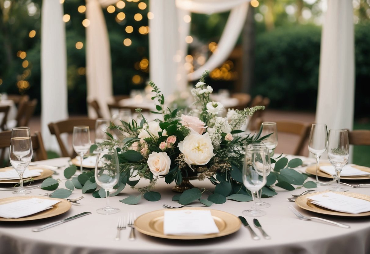 A small, intimate wedding setting with a handful of elegantly arranged place settings and floral centerpieces on a beautifully decorated table
