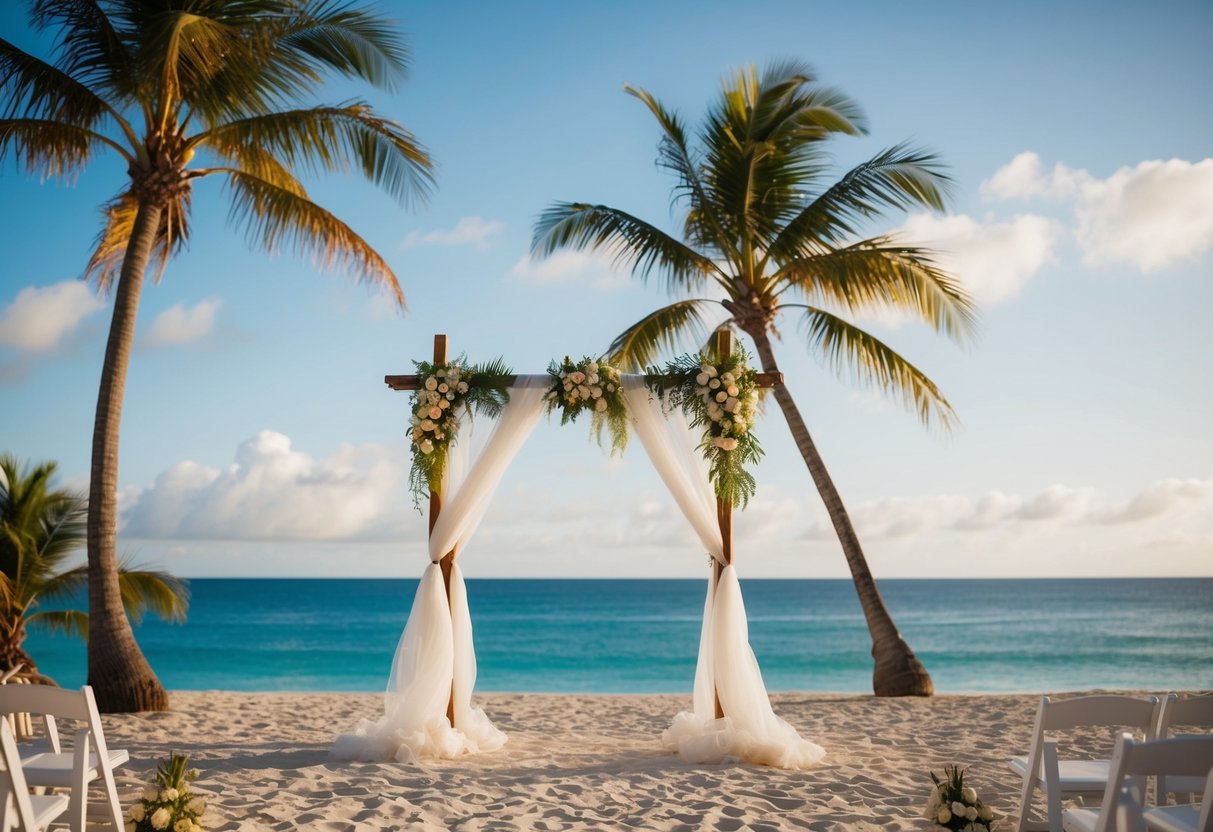 A tropical beach with a wedding arch, surrounded by palm trees and the ocean in the background