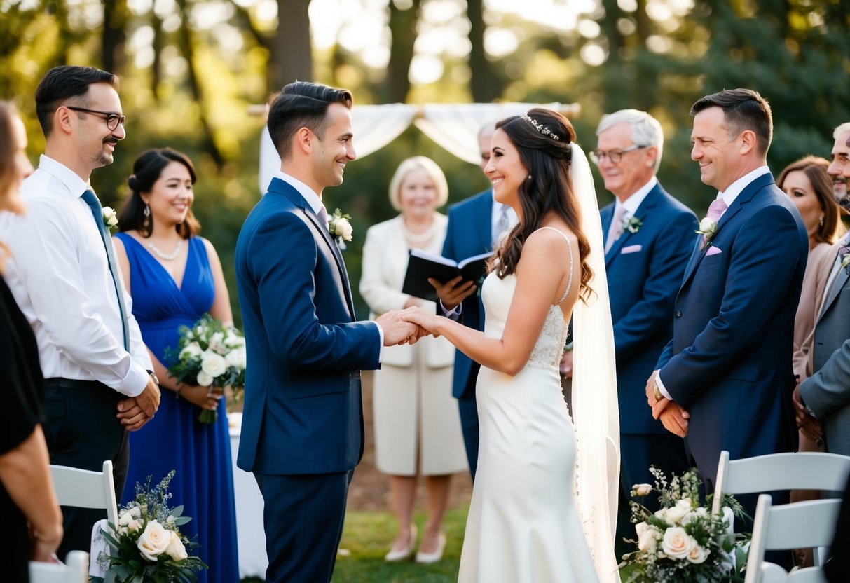 A small wedding ceremony with a couple exchanging vows in a cozy outdoor setting surrounded by close family and friends