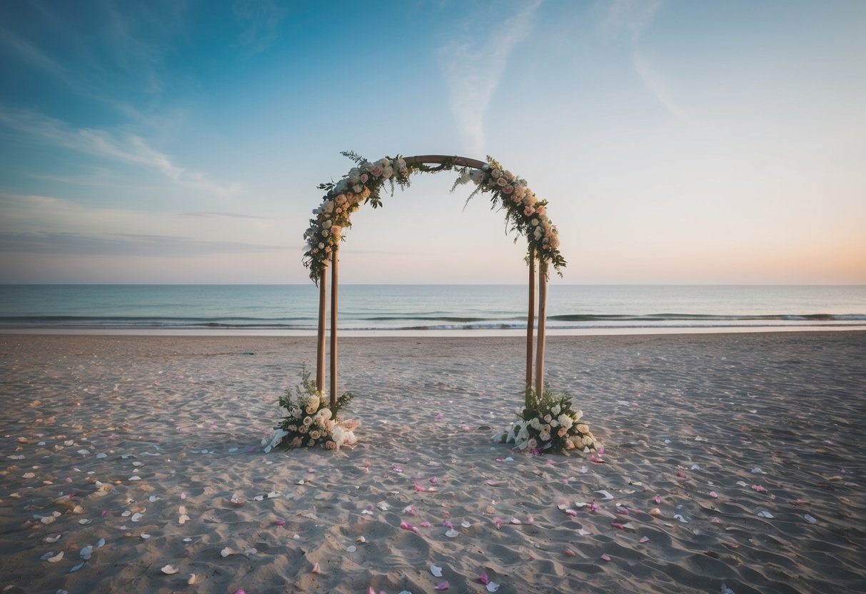 A deserted beach with an abandoned wedding arch and scattered petals