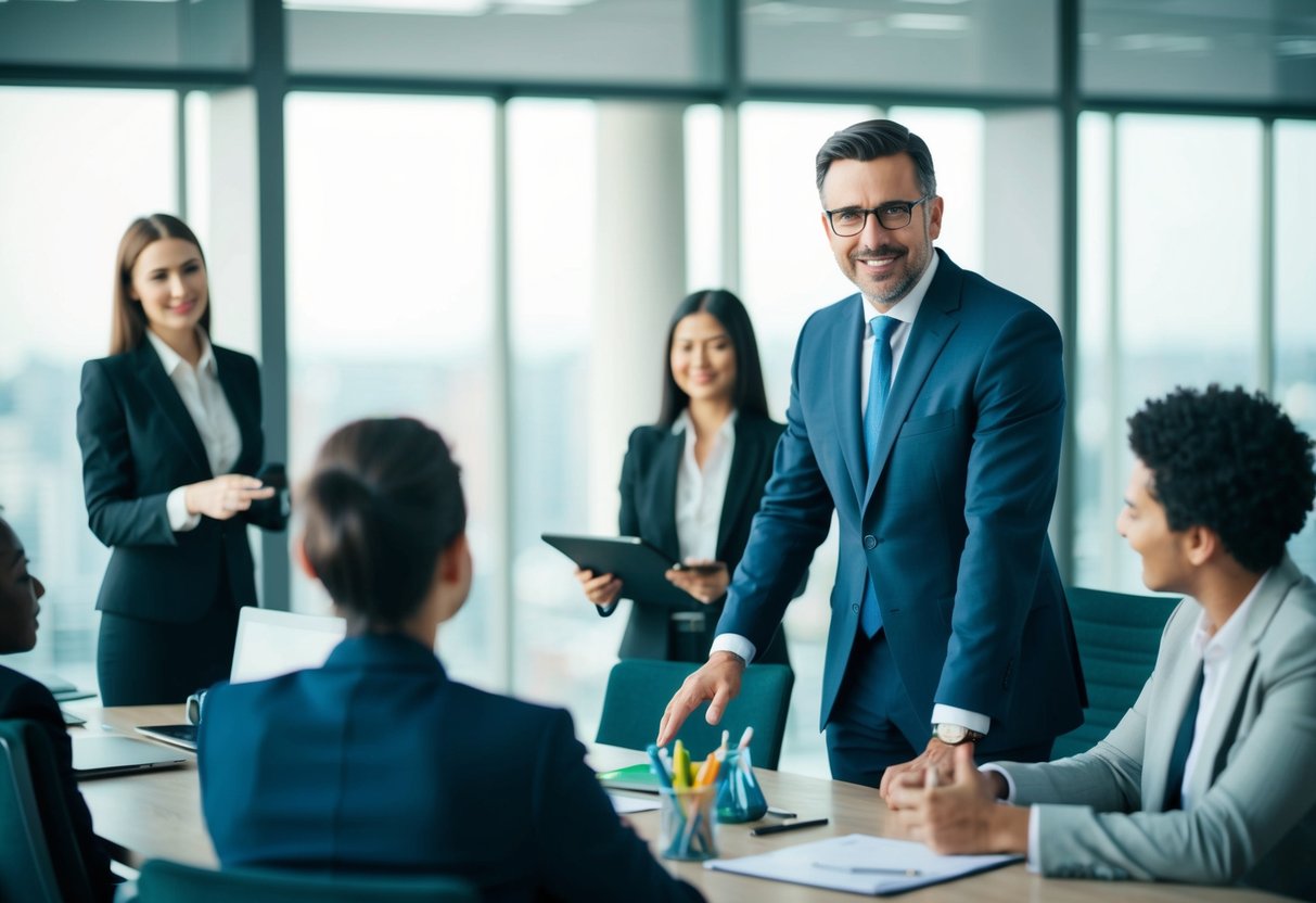 A manager confidently directs a team, while a coordinator collaboratively organizes tasks