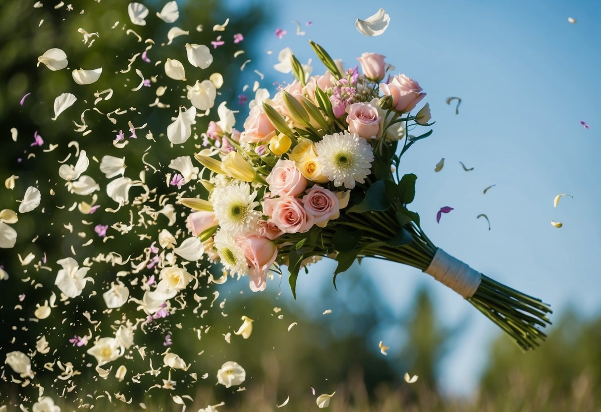 A bouquet of flowers flying through the air, petals scattering