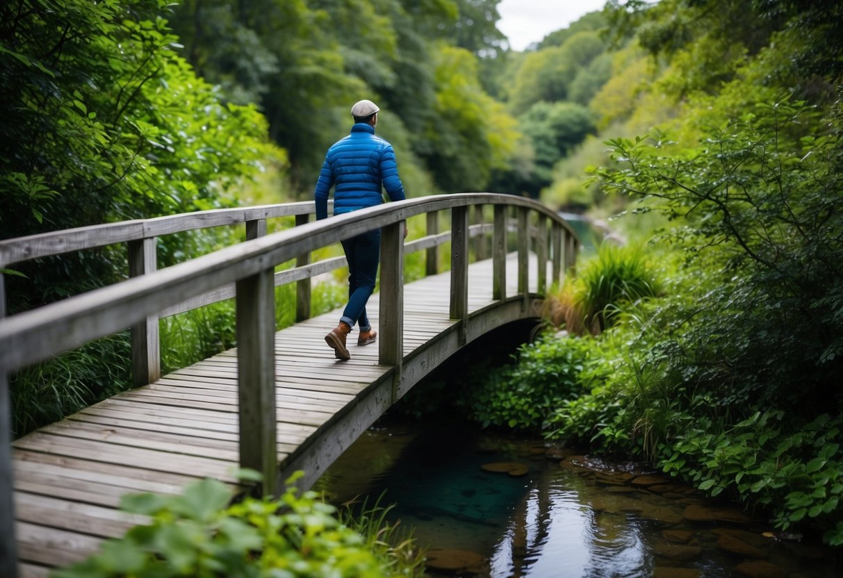 A figure strides along a narrow, arched bridge over a tranquil stream. The bridge is made of weathered wood and is surrounded by lush greenery