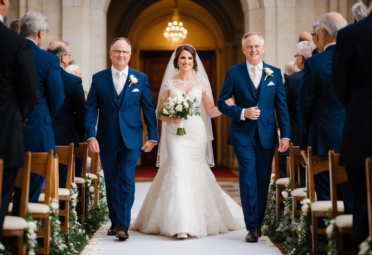 A line of ceremonial figures marches down the aisle