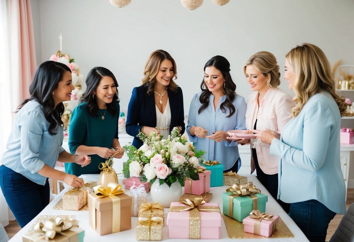 A group of women gather around a table filled with decorations and gifts, discussing and planning a bridal shower
