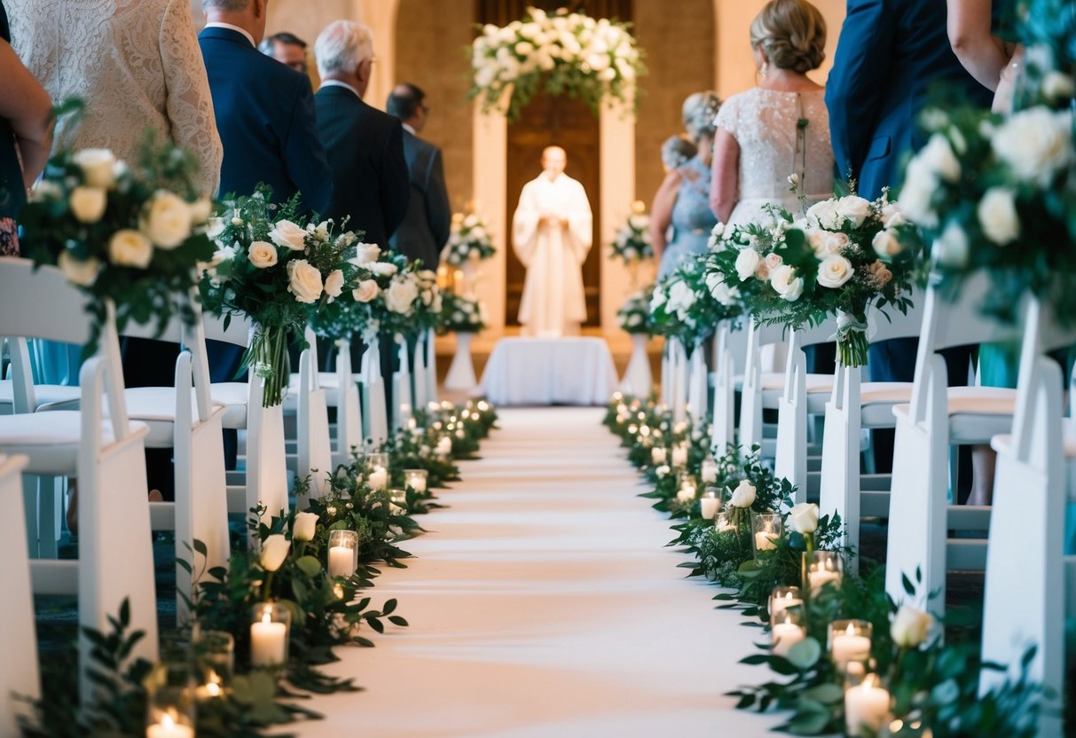 A flower-strewn aisle leads to a luminous figure at the altar