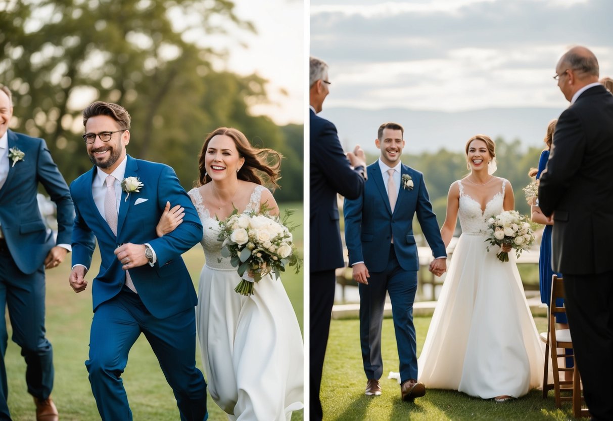 A couple running away together vs a couple exchanging vows in front of others