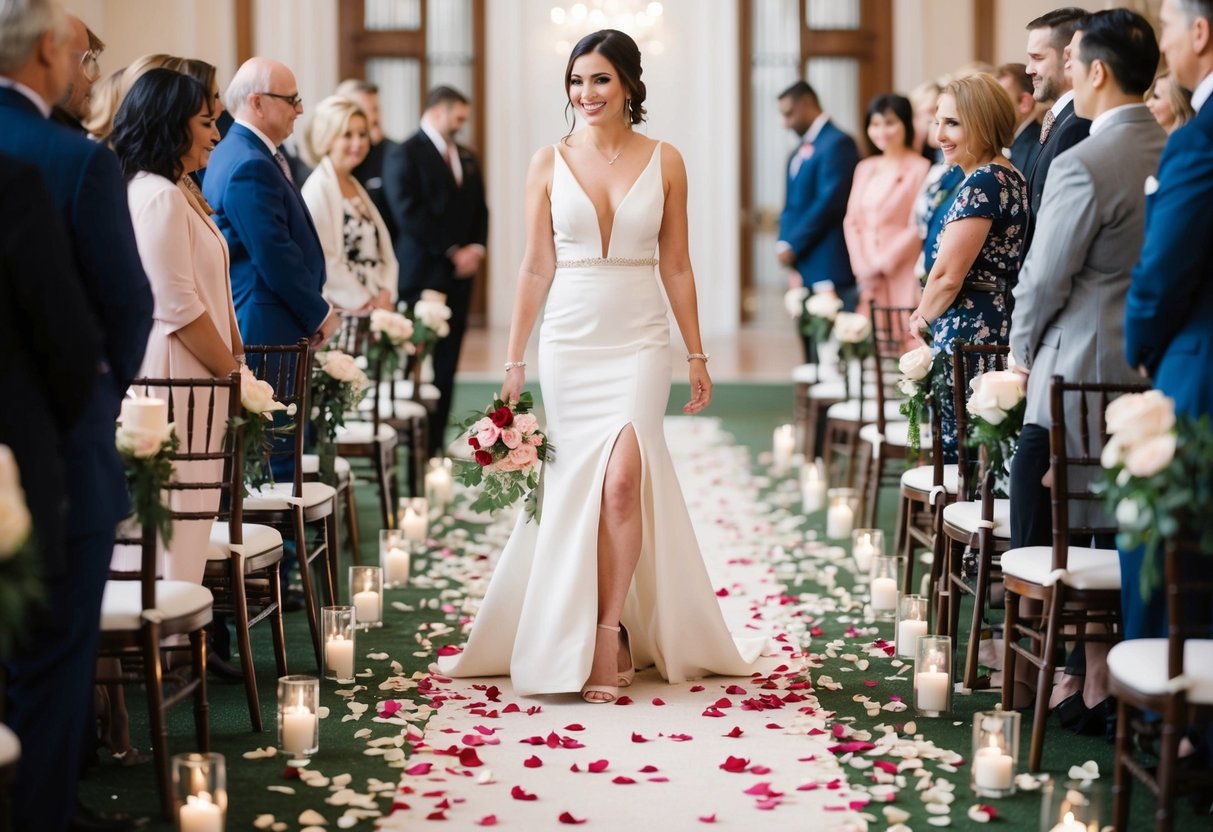 A woman walks down an aisle scattered with rose petals
