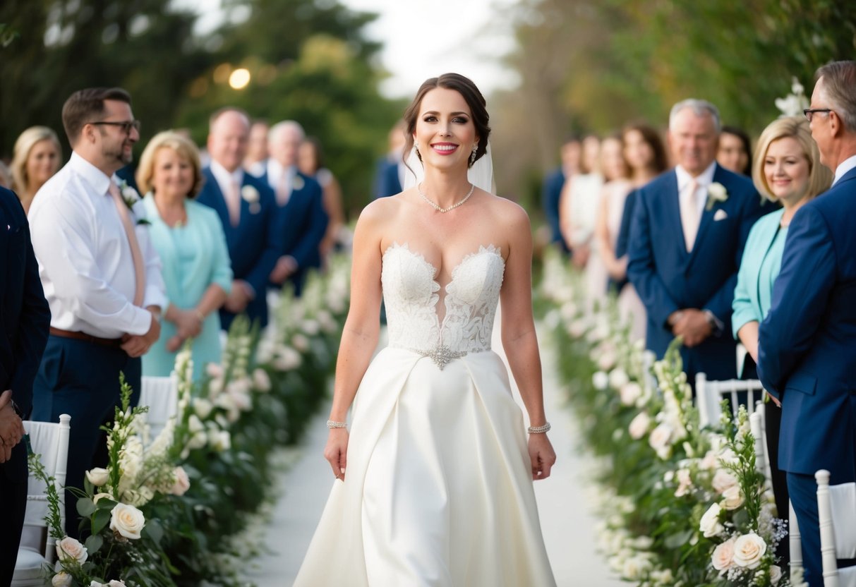 A woman in elegant attire walks down a flower-lined aisle, radiating pride and joy