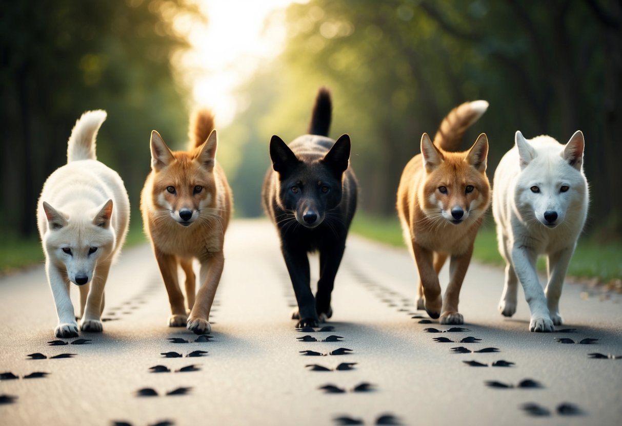 A group of animals walking in a line, each with their footprints overlapping, symbolizing support and unity