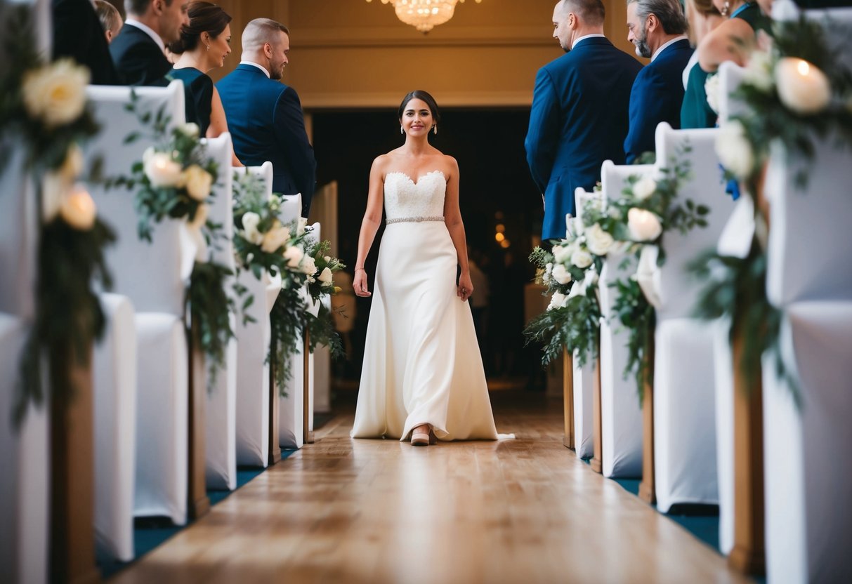A solitary figure walks confidently down the aisle, radiating strength and grace. The atmosphere is serene and full of anticipation