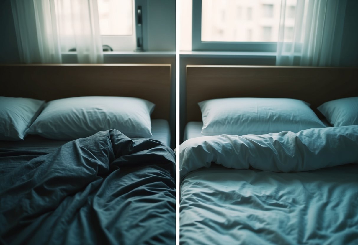 A couple's empty side of the bed, with one half untouched and the other showing signs of wear and loneliness