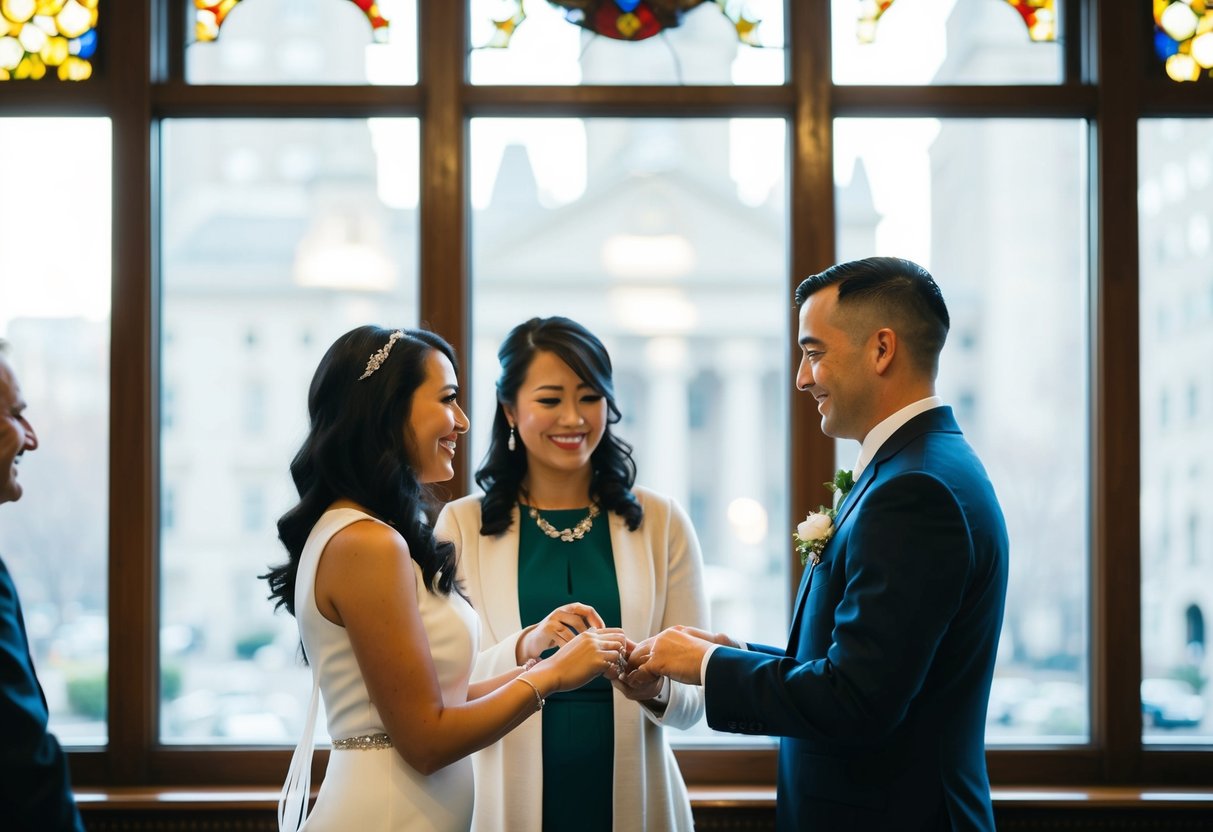 A couple standing at a city hall window, exchanging rings with an officiant