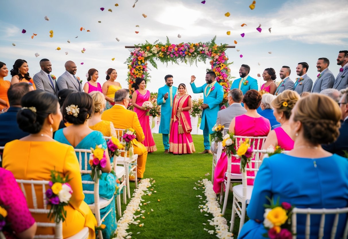 A colorful wedding ceremony with guests dressed in vibrant attire, surrounded by flowers and decorations in a joyful and celebratory atmosphere