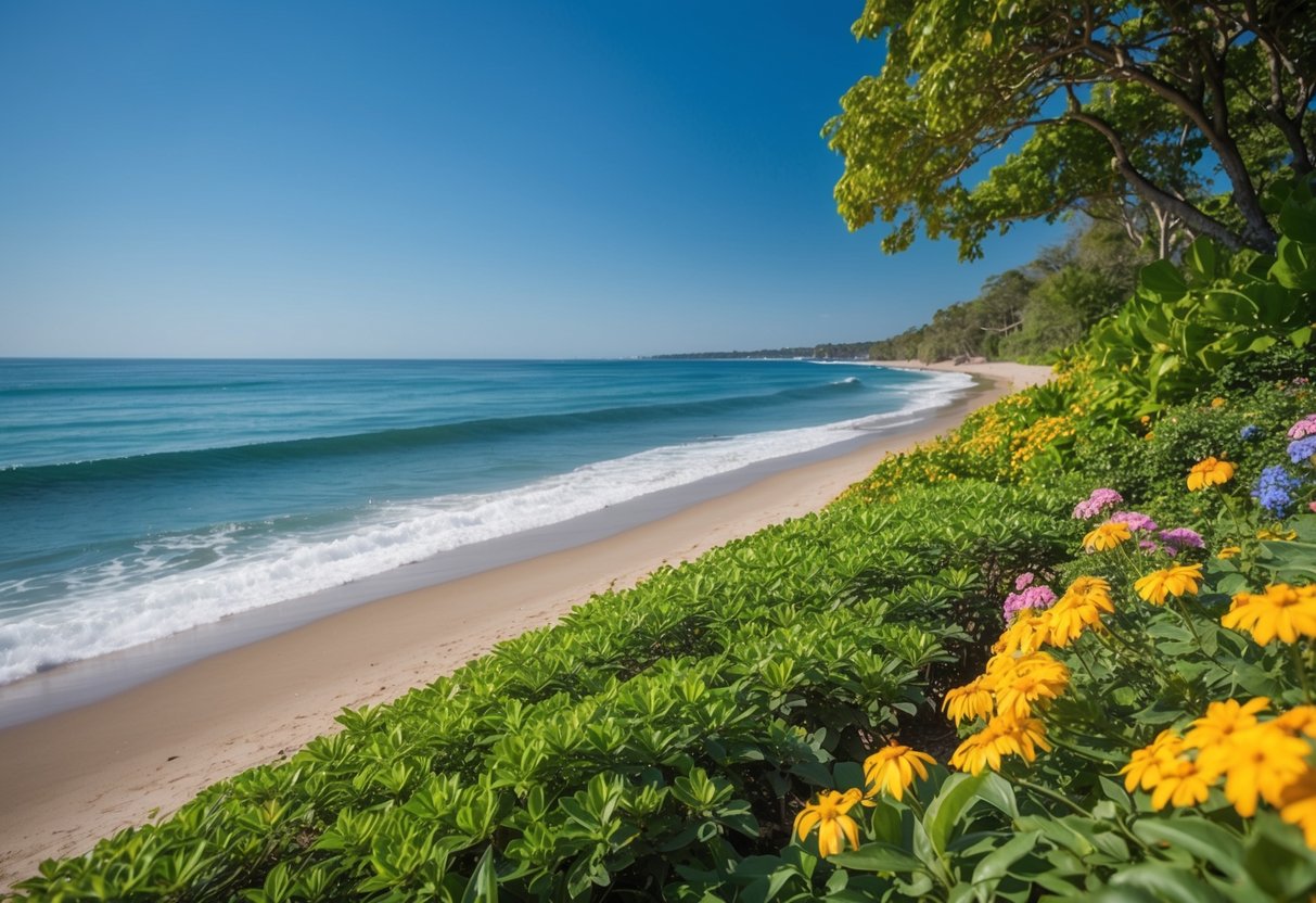 A sunny beach with clear blue skies and gentle waves, surrounded by lush greenery and colorful flowers