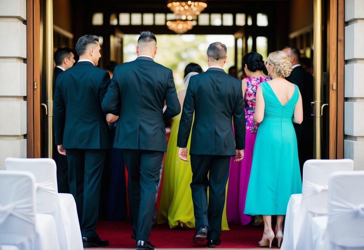 A wedding guest in black attire turned away at the entrance, while others in colorful outfits are allowed inside