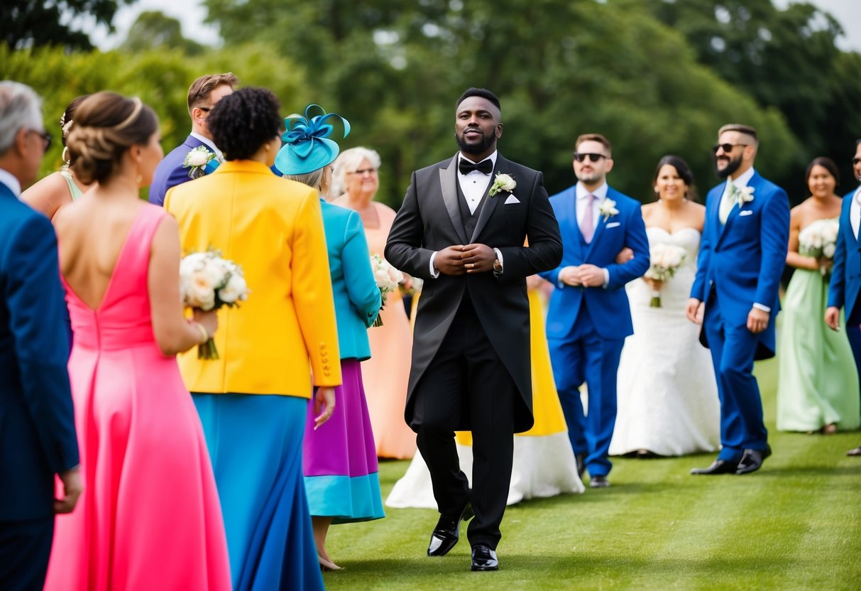 A colorful wedding scene with guests wearing vibrant outfits, while one person stands out in a black ensemble, looking out of place