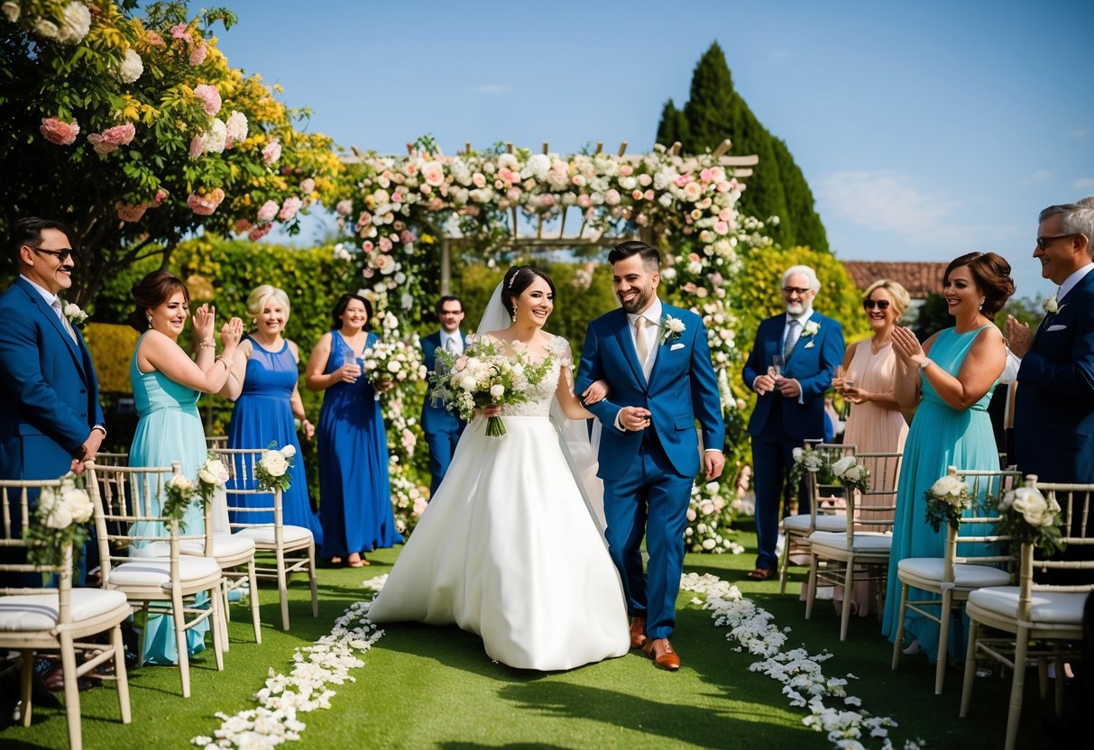A sunny outdoor wedding set in a lush garden with blooming flowers and traditional decorations, surrounded by joyful guests