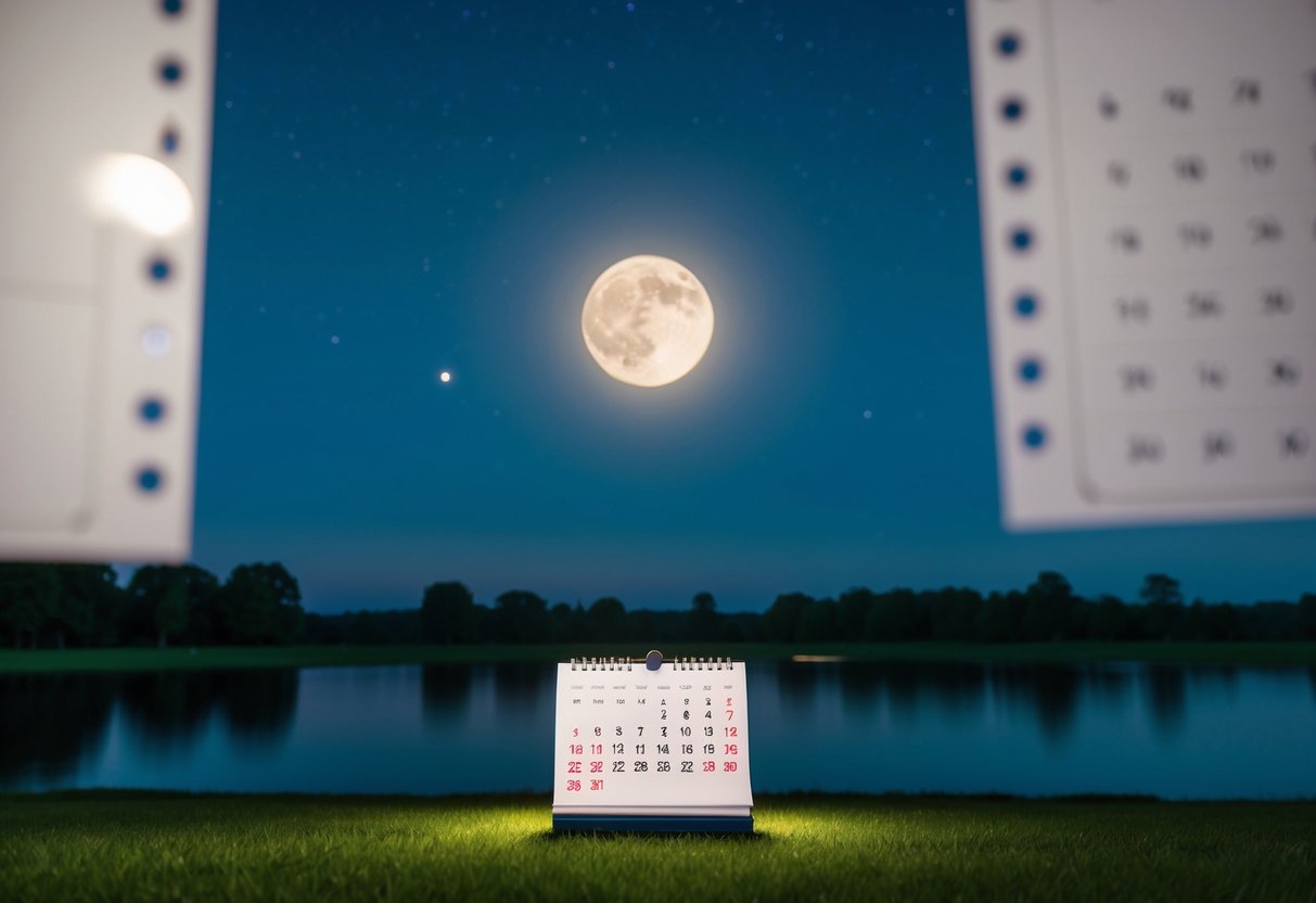 A serene night sky with a full moon casting a soft glow over a tranquil landscape, with a calendar prominently displayed under the moon's light