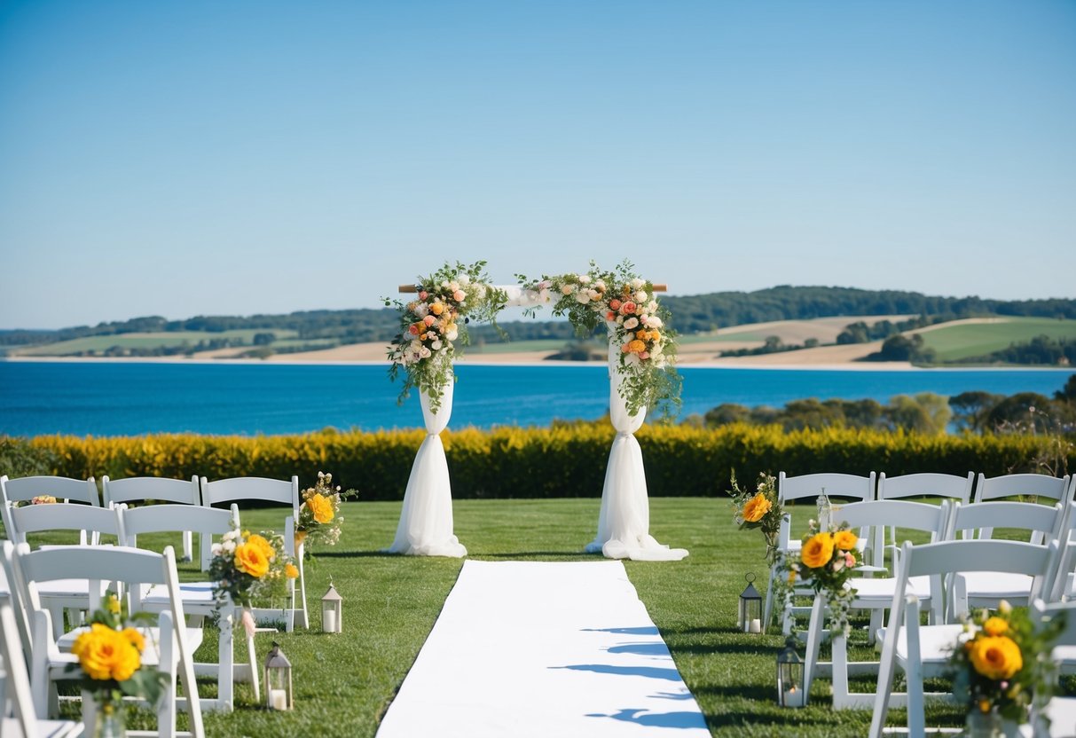 A sunny outdoor wedding on a clear, blue-skied day with vibrant flowers and a picturesque backdrop of rolling hills or a serene beach