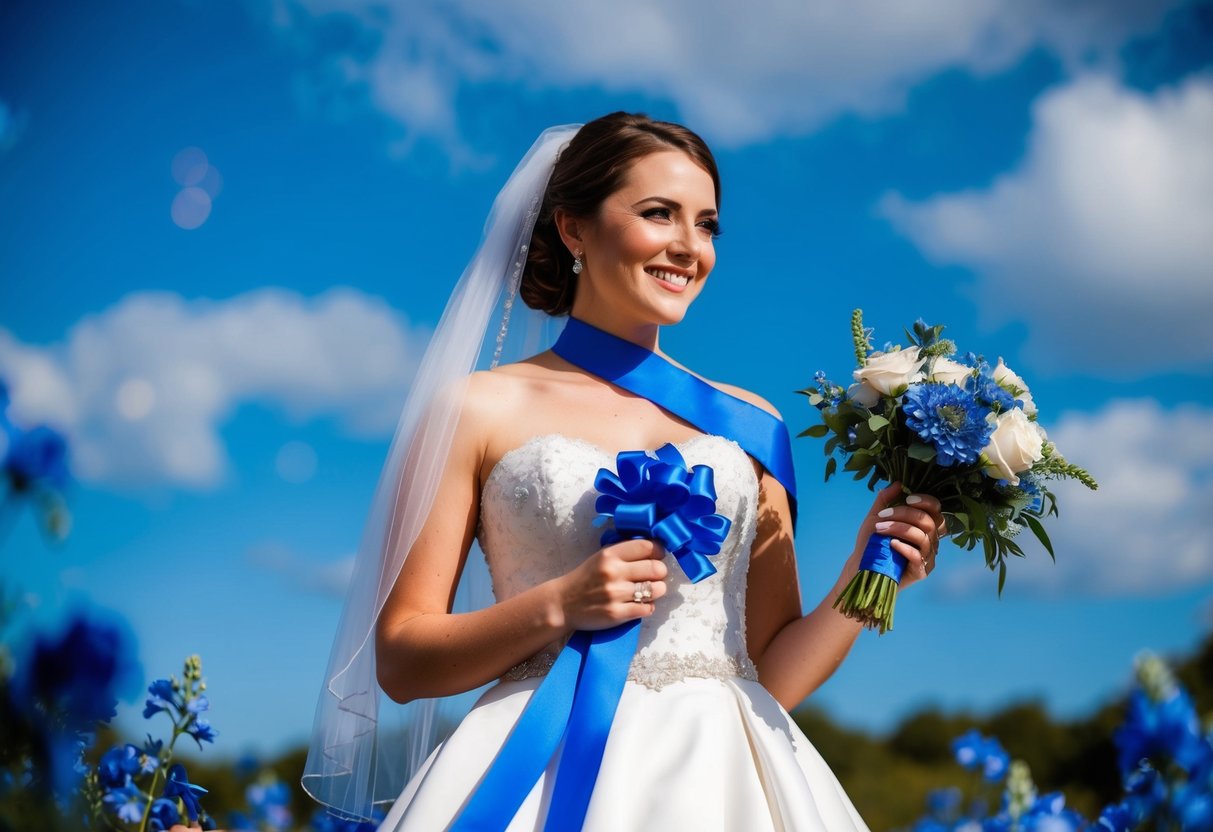 A bride holding a blue ribbon, surrounded by blue flowers and a blue sky