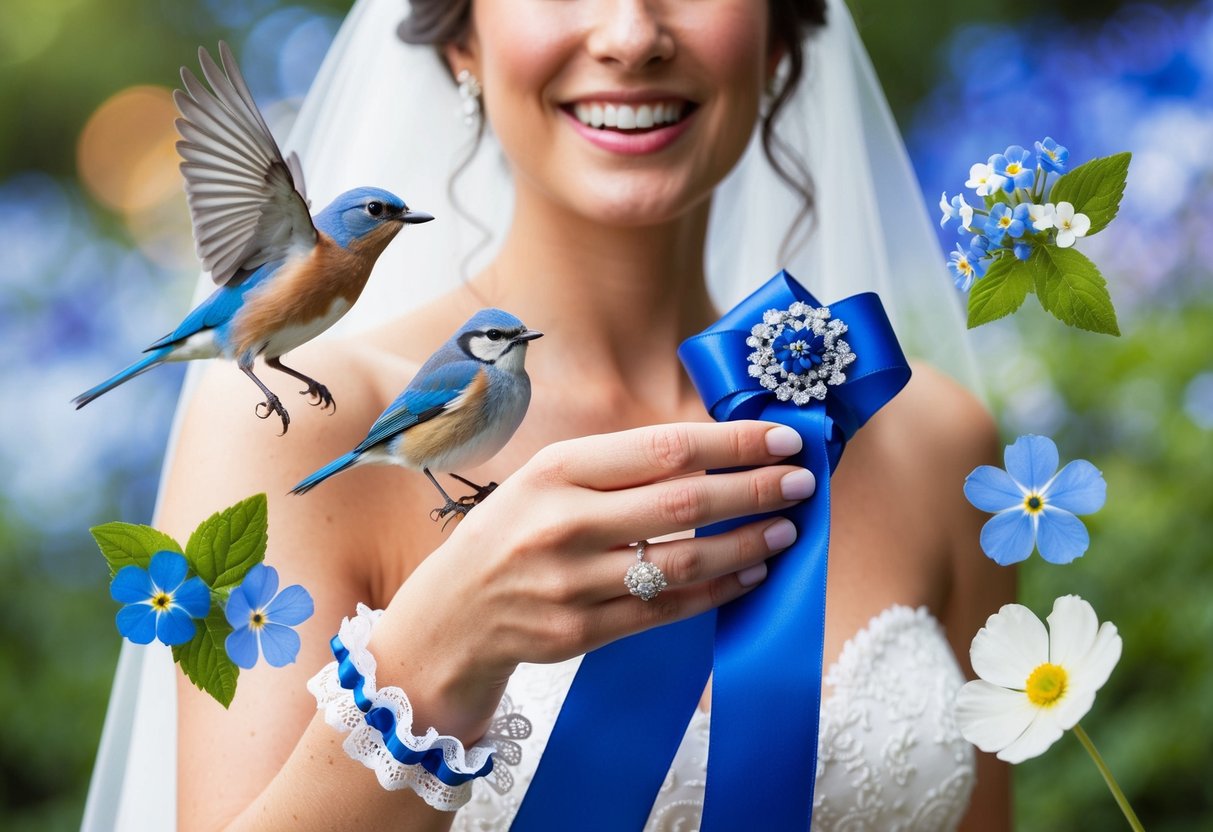 A bride holding a blue ribbon, surrounded by symbolic objects like a bluebird, forget-me-not flowers, and a traditional blue garter