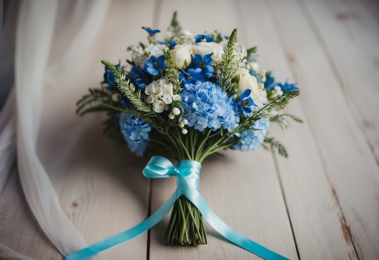 A bride's bouquet with delicate blue flowers tied with a sentimental ribbon