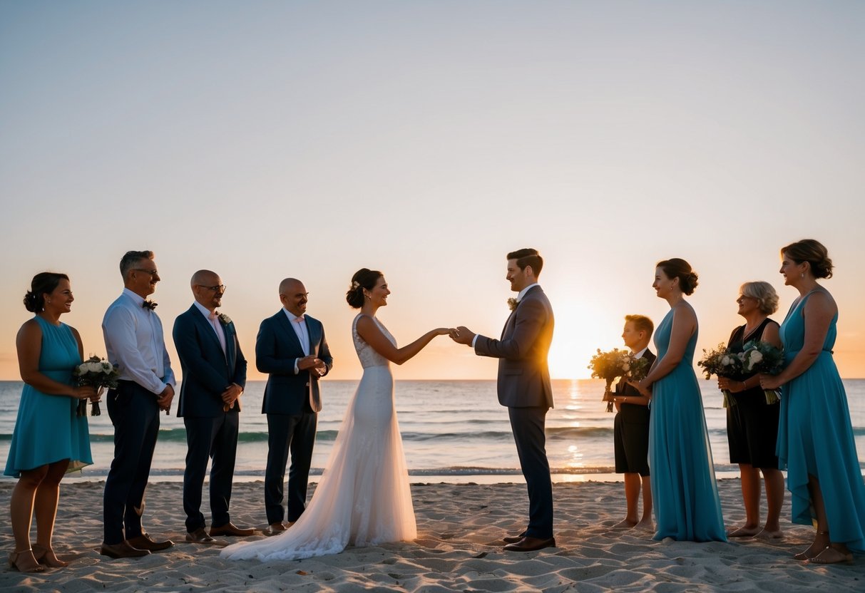 A couple stands on a beach at sunset, surrounded by family and friends. They exchange vows, symbolizing their continued commitment to each other