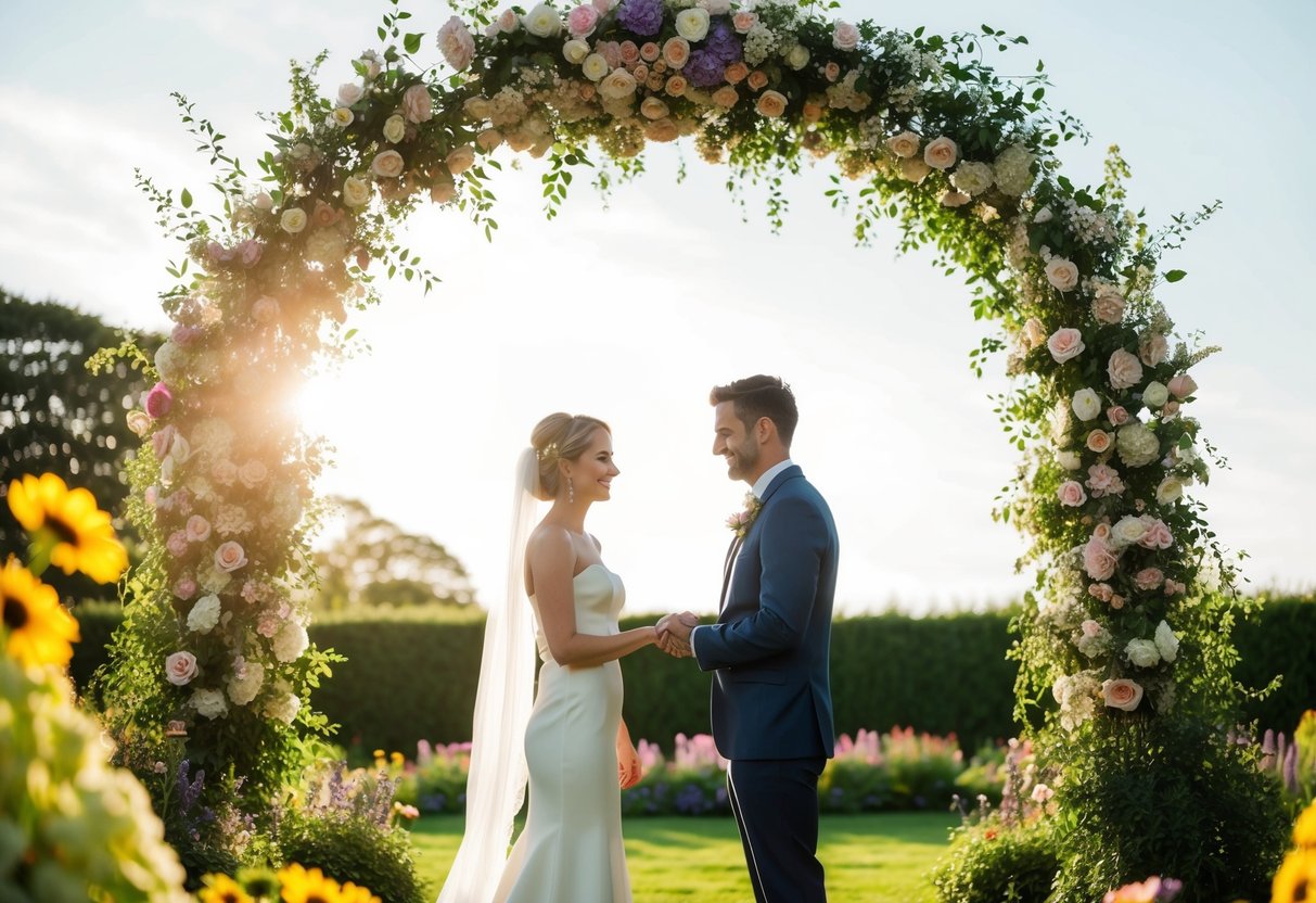 A couple standing in a garden surrounded by flowers, exchanging vows under a floral archway. Sunshine illuminates the scene, creating a warm and romantic atmosphere
