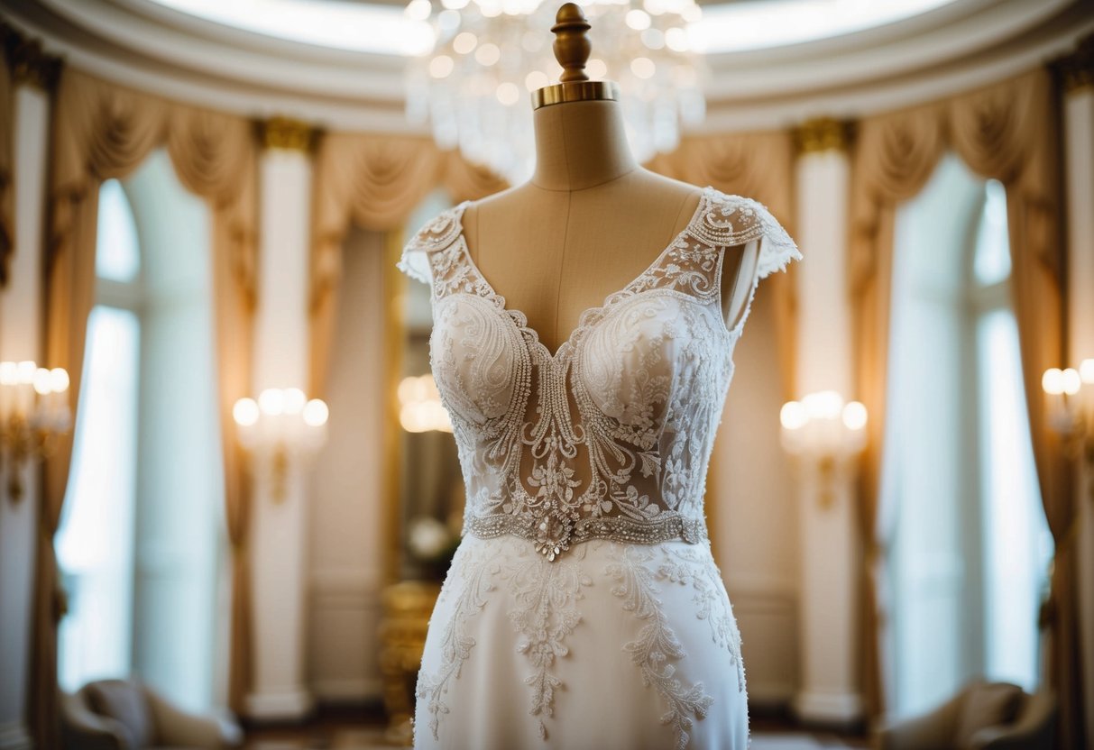 A wedding dress with intricate lace, beading, and luxurious fabric, displayed in a grand and opulent setting with soft lighting