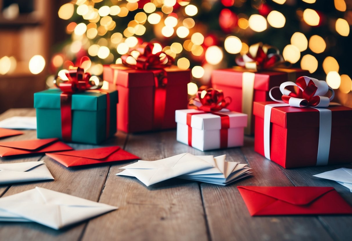 A table scattered with empty gift boxes and a pile of unopened envelopes