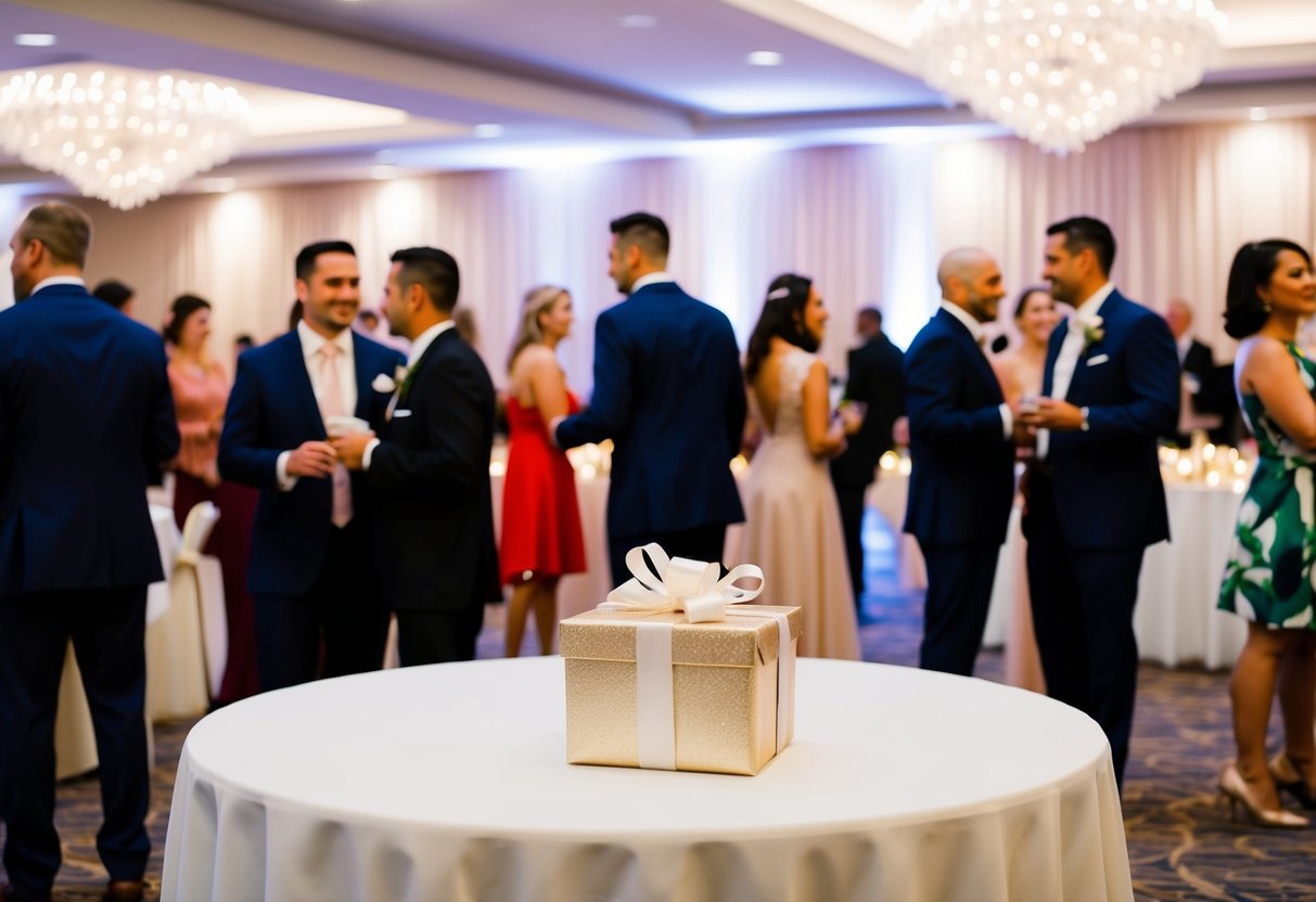 A wedding reception with empty gift table and a crowd of guests mingling