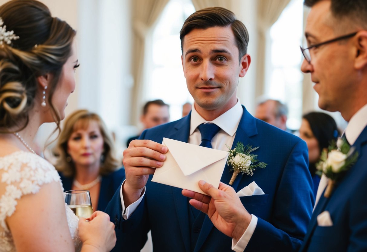 A wedding guest holding a blank envelope with a puzzled expression