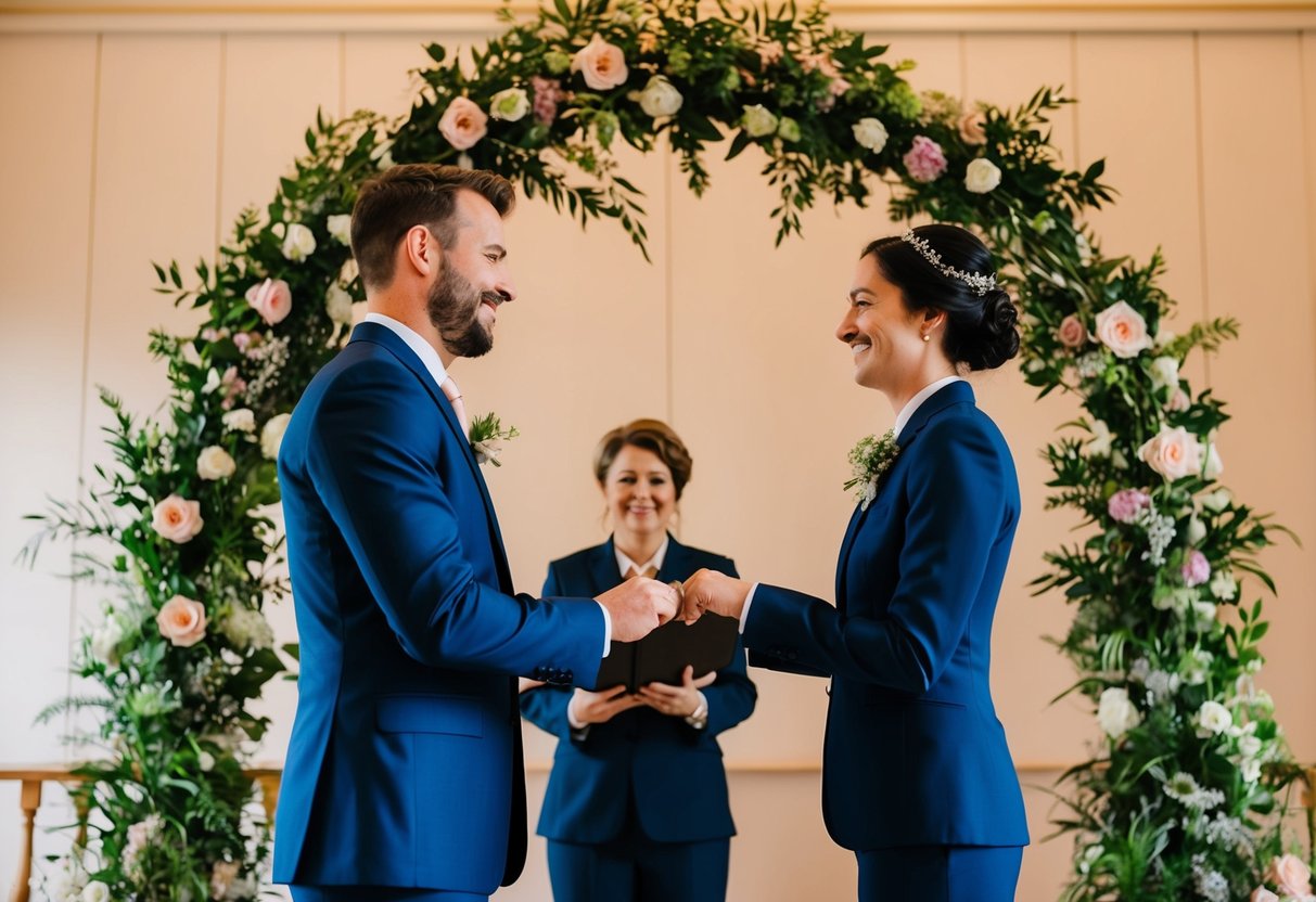 A bride and groom exchanging vows under a floral arch