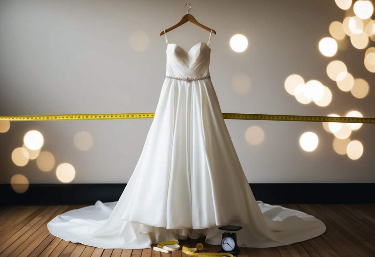 A wedding dress hanging loosely on a mannequin, surrounded by measuring tape and a scale