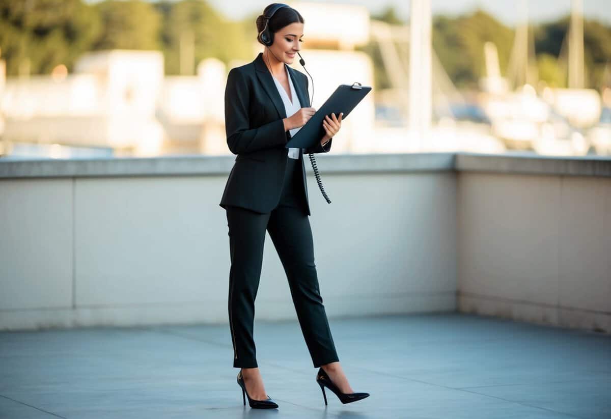 A day-of wedding coordinator wearing a sleek black blazer and coordinating pants, paired with elegant heels or dress shoes. They carry a clipboard and wear a headset for communication