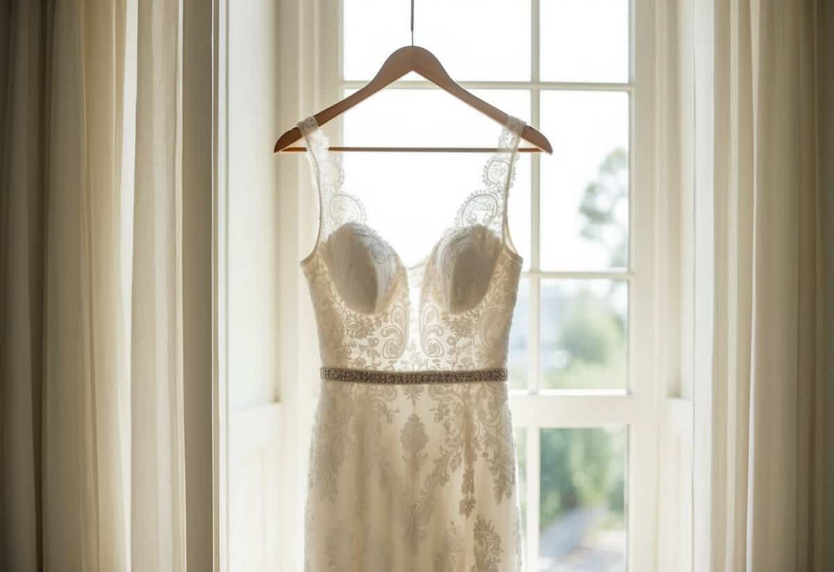 A white lace gown hangs on a hanger, bathed in soft natural light from a nearby window