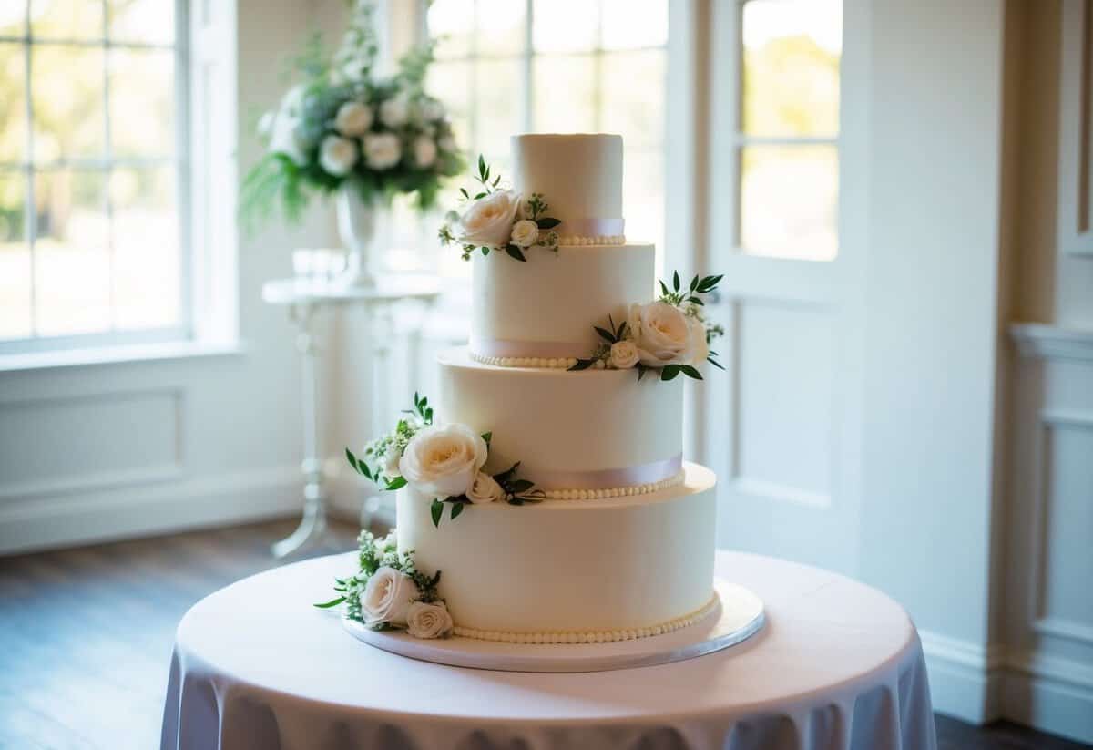 A three-tier wedding cake, 16 inches, 12 inches, and 8 inches in diameter, adorned with elegant floral decorations, sits atop a pristine white table
