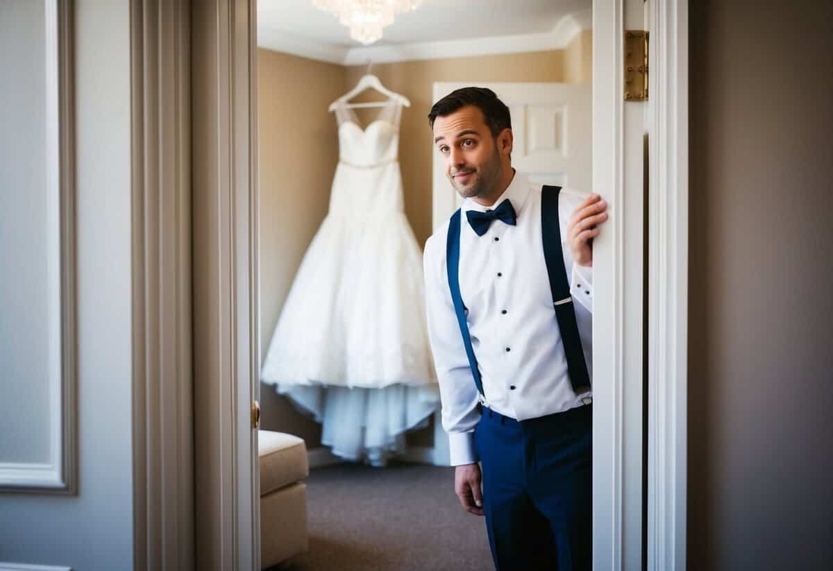 A groom peeking through a partially open door, catching a glimpse of the bride's dress hanging in the room