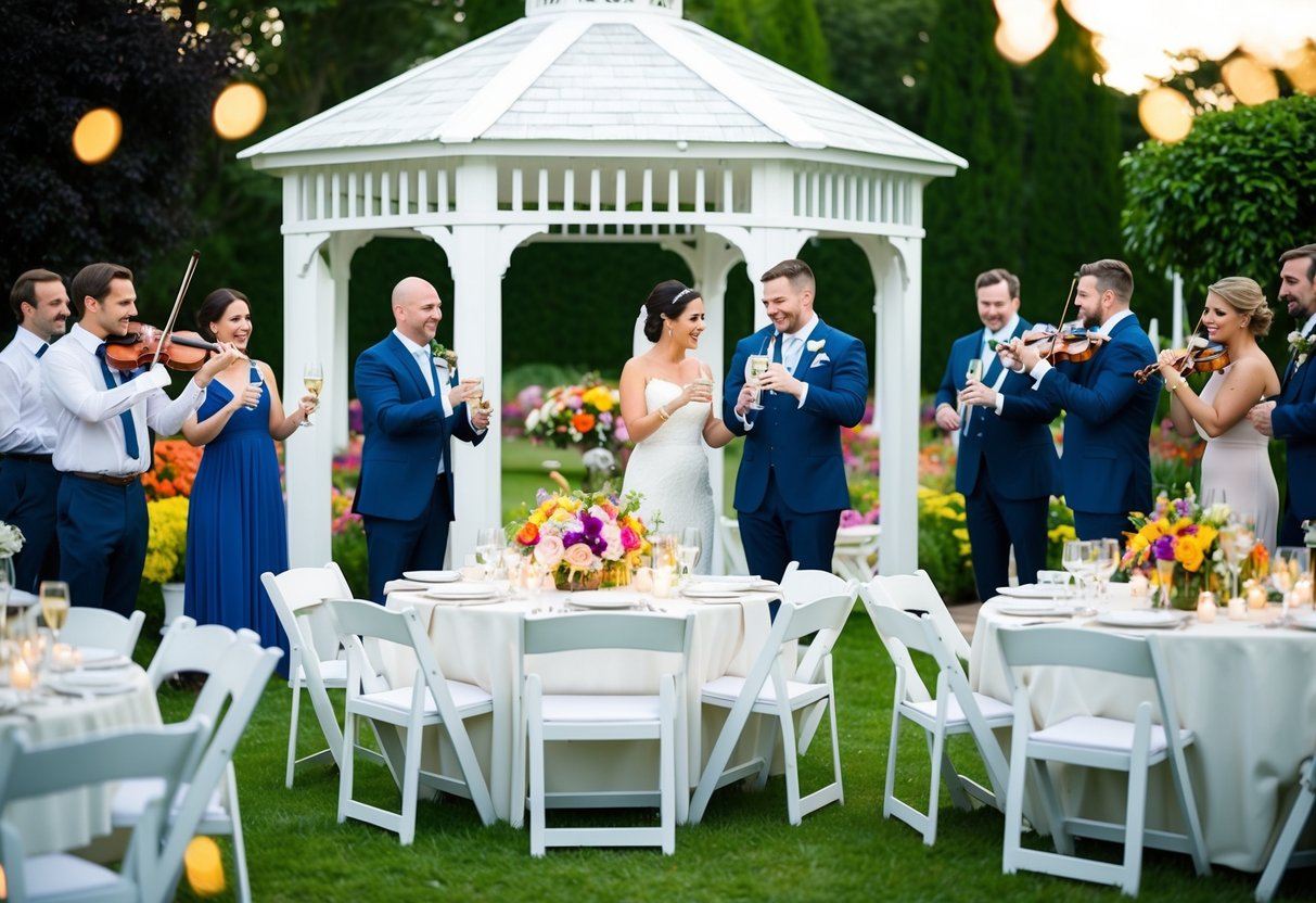 A wedding reception in a garden with a white gazebo, colorful flower arrangements, and elegant table settings. A string quartet plays in the background as guests mingle and toast the newlyweds