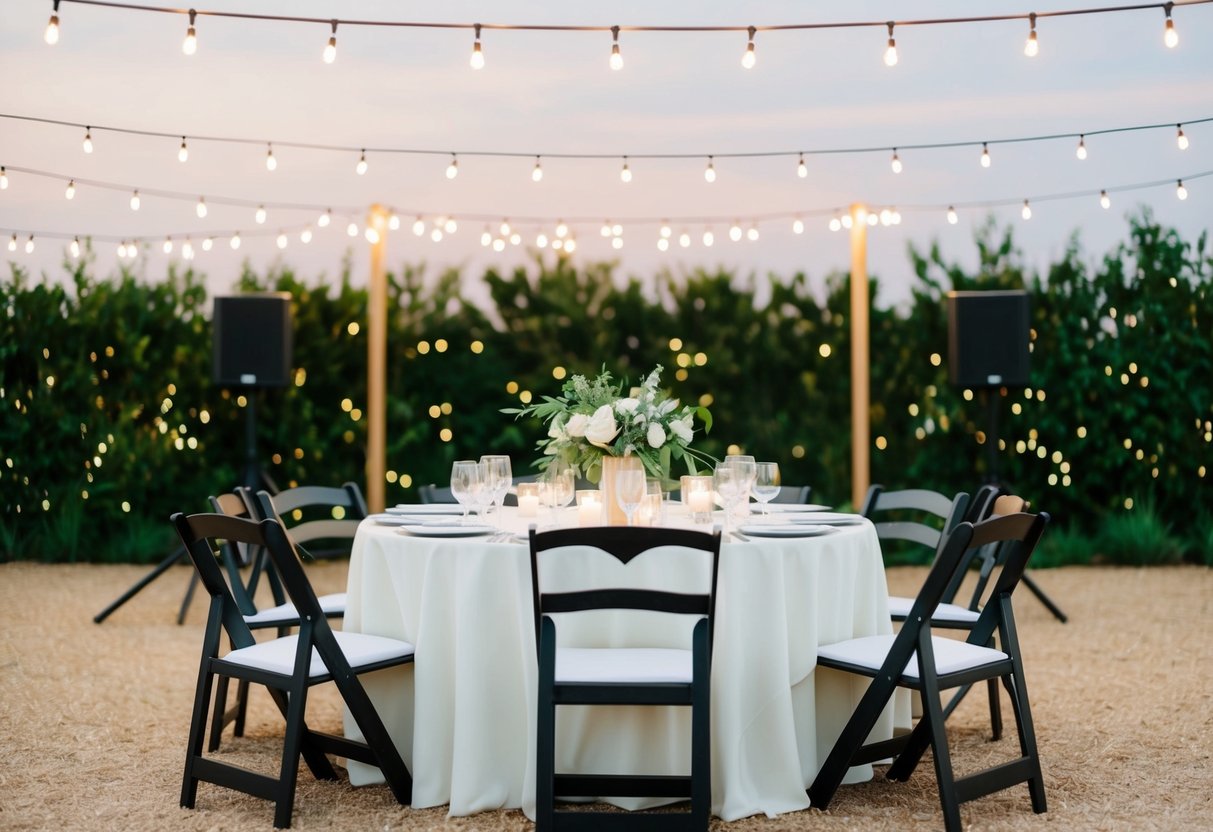 A simple, elegant wedding table with budget-friendly decor and entertainment, set against a backdrop of twinkling lights and greenery