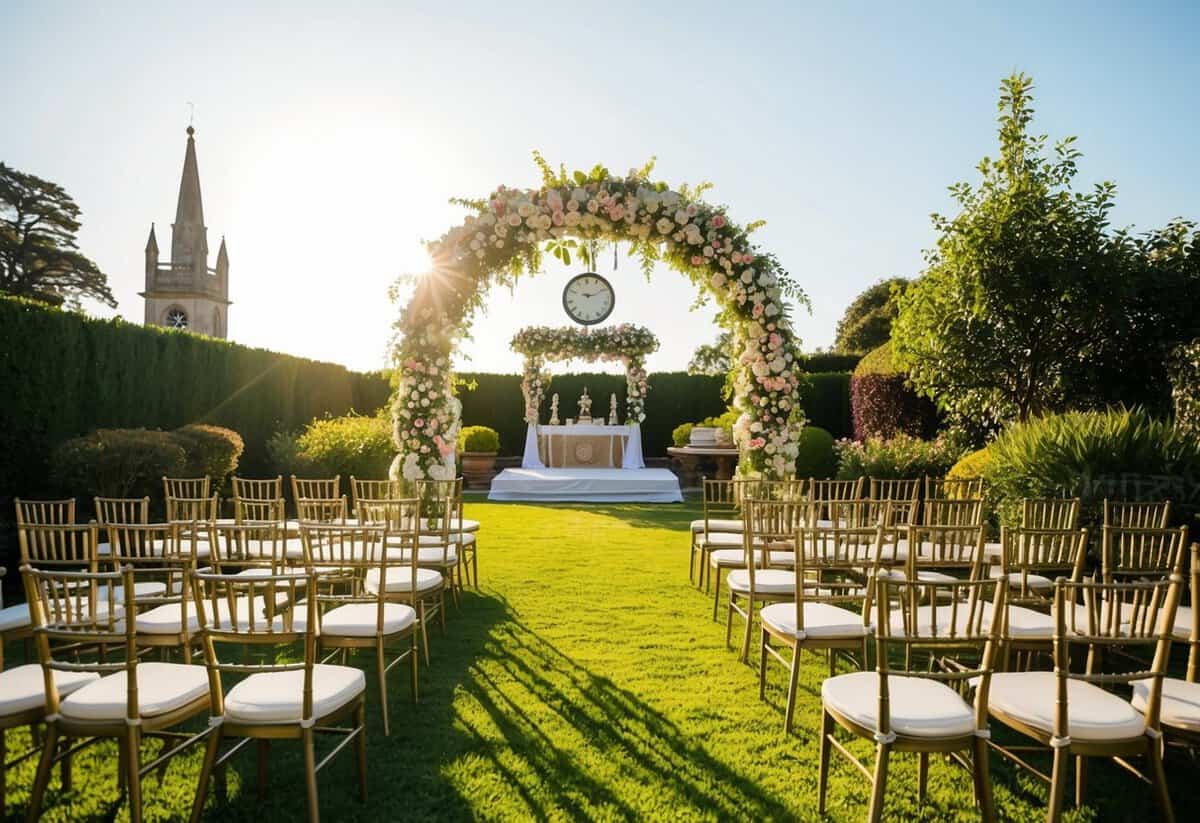 A sunlit garden with a floral arch and rows of chairs, a clock showing mid-morning, and a path leading to a decorated altar