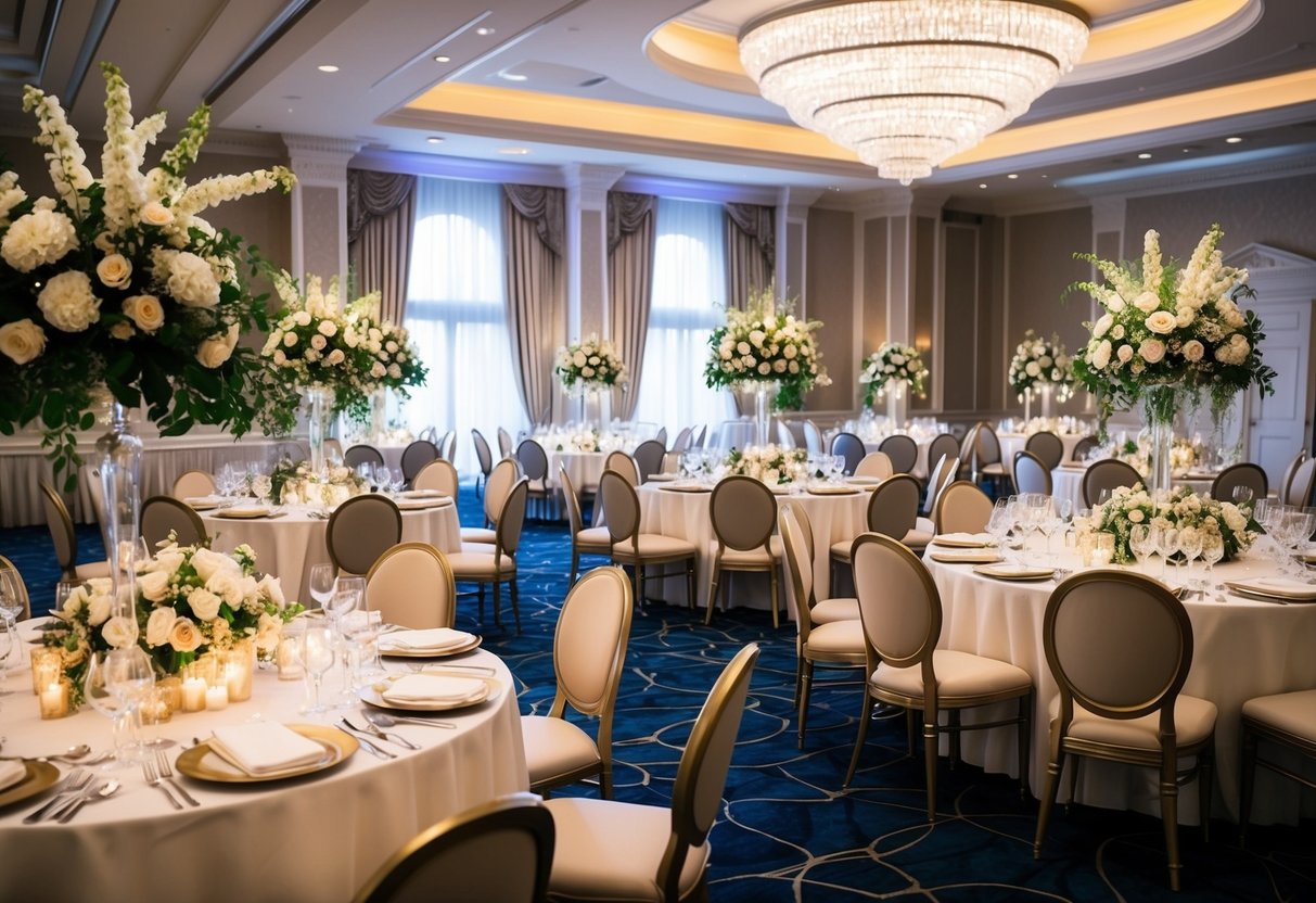 A grand wedding venue with elegant decor, floral arrangements, and a beautifully set dining area, exuding luxury and sophistication