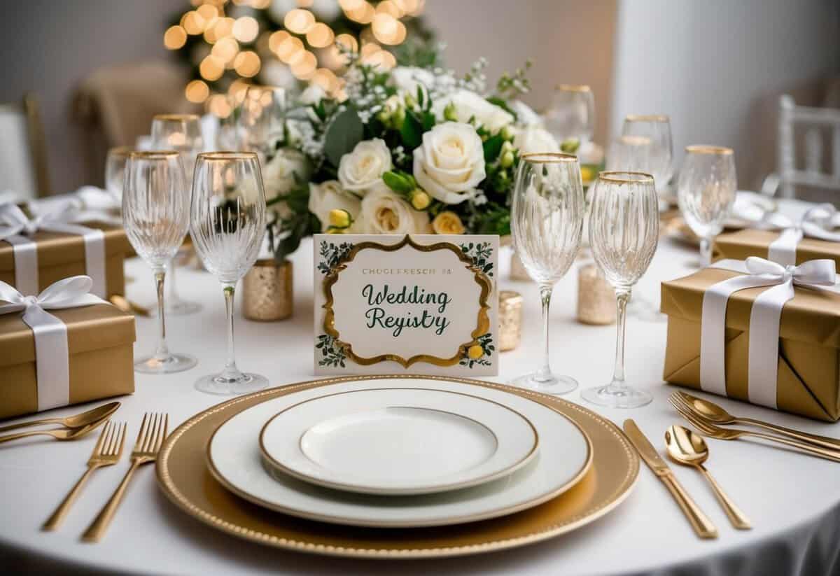 A table set with elegant dinnerware and sparkling glassware, surrounded by beautifully wrapped gifts and a decorative sign indicating it's a wedding registry