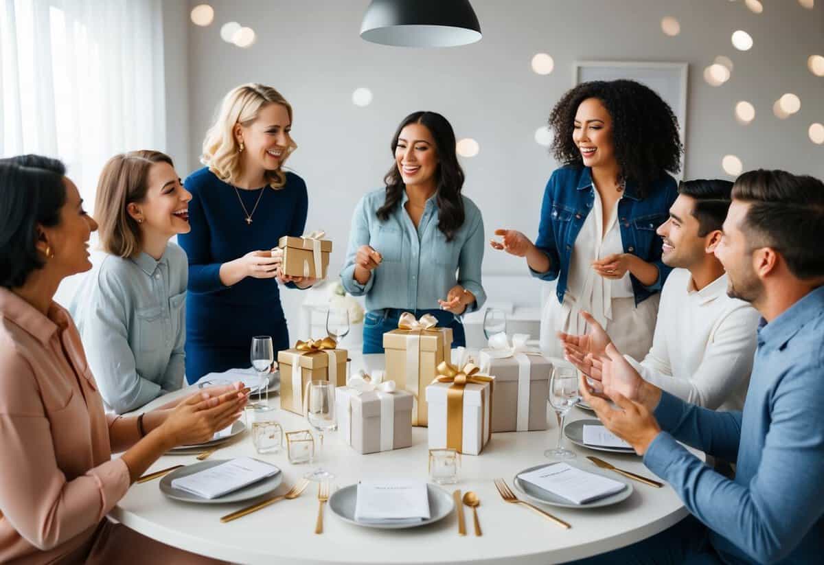 A table set with wedding registry items, surrounded by excited friends and family discussing gift ideas