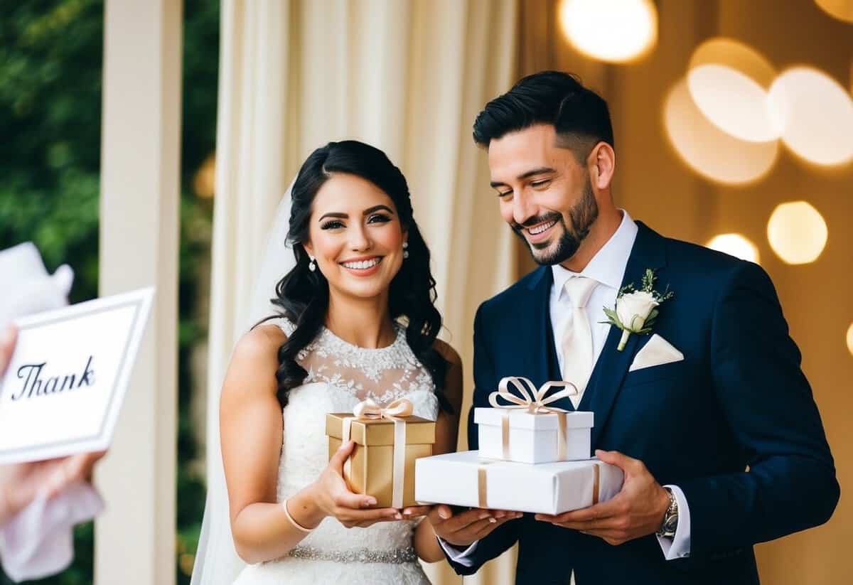 A smiling couple receiving and opening wedding gifts with a thank you card nearby