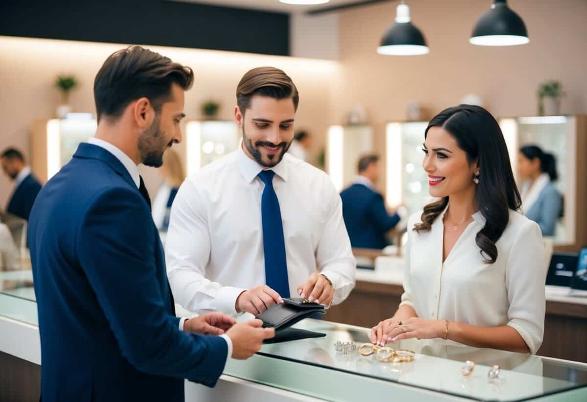 A man and woman stand at a jewelry counter, discussing wedding ring options with a salesperson. The man reaches for his wallet to pay
